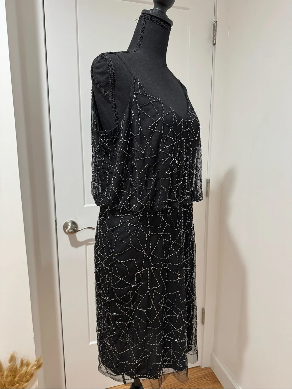 NWOT Adrianna Papell Black Beaded Formal Blouson Dress Size 12